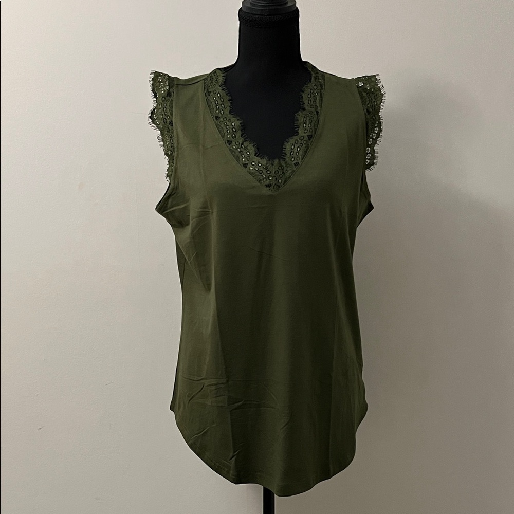 Chic Olive Lace Trim Sleeveless Top